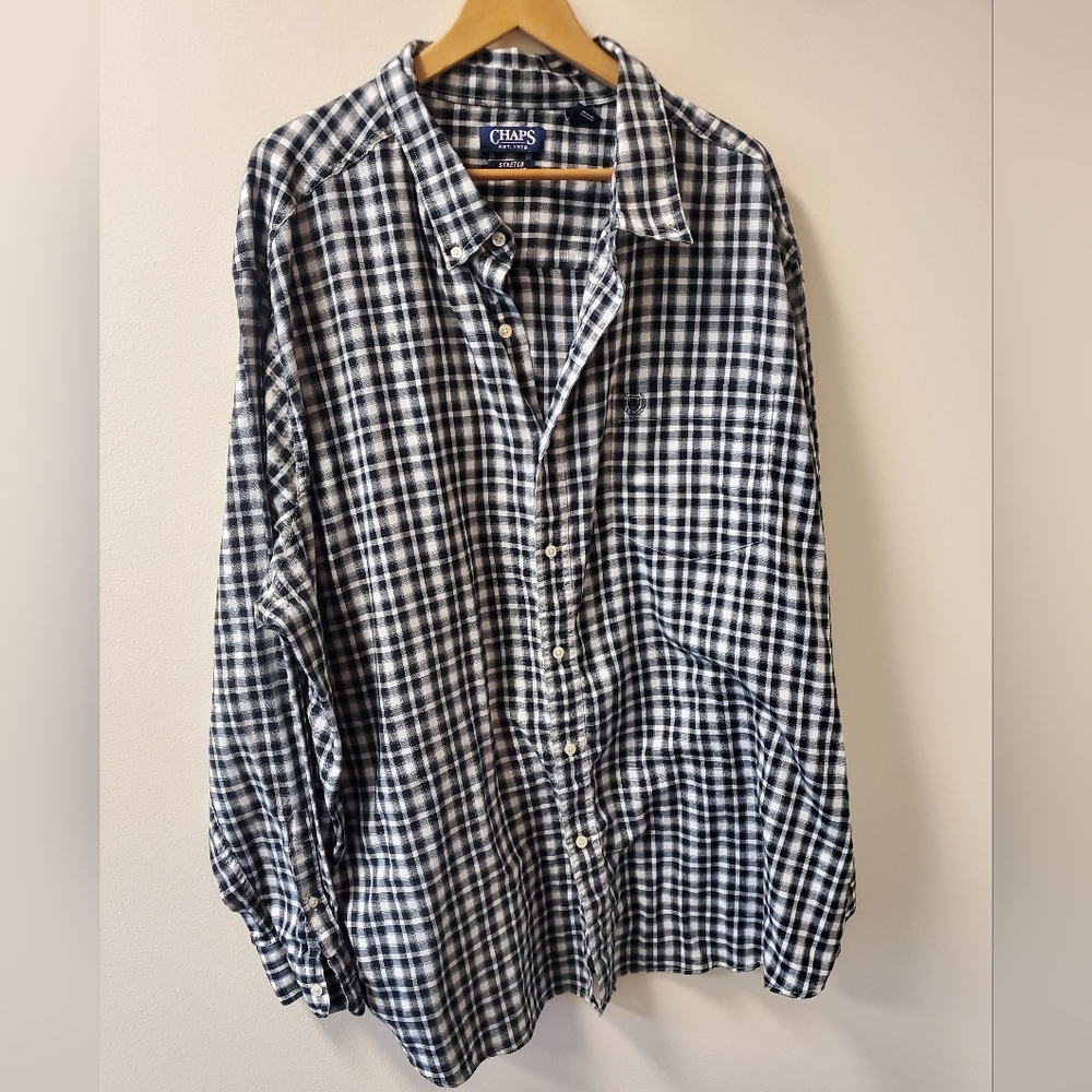 Chaps Black and White Plaid Men's Shirt 4XB/4G Stretch/Easy Care EUC